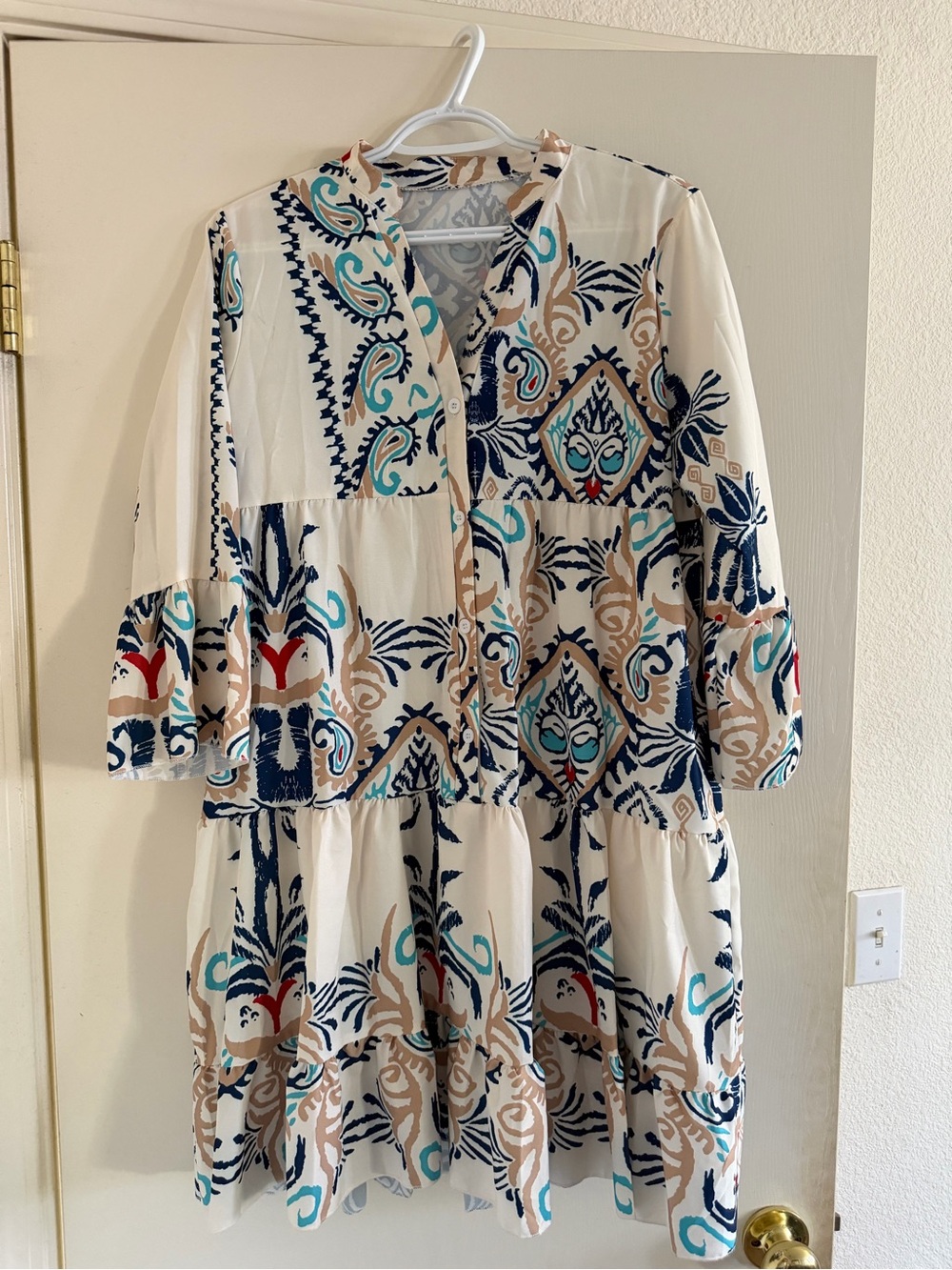 Printed Tiered Cotton-Blend Women's Dress in Cream with Navy & Teal